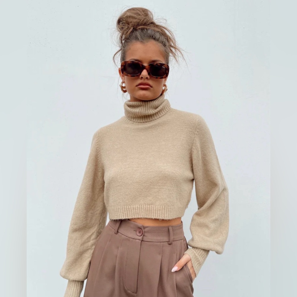 Princess Polly Light Brown Crop Turtleneck Sweater
